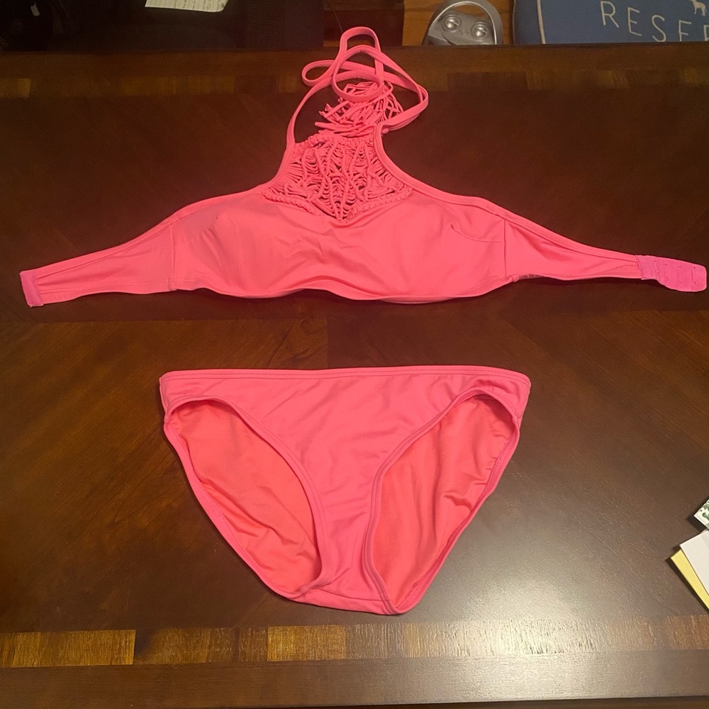 Woven bright coral high neck bikini